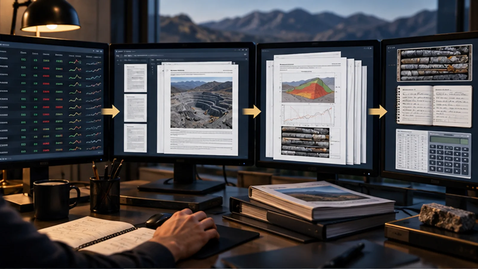 A broad market screener leads into official filings, technical reports, source logs, and verified calculations