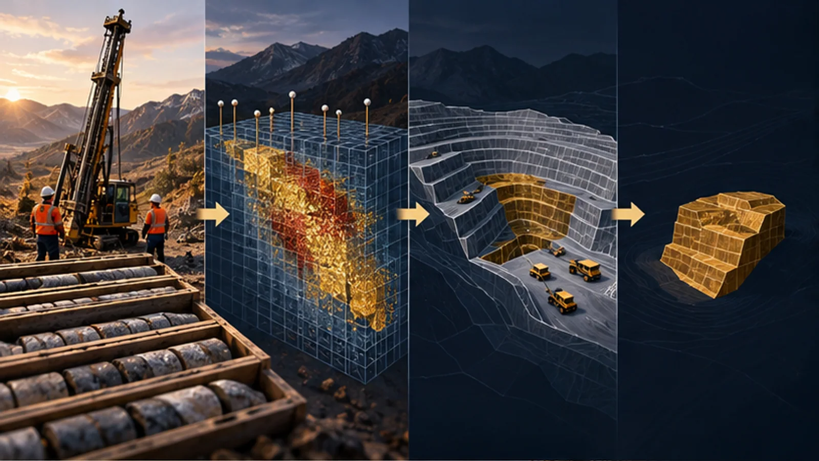 Drill results become a resource model that narrows through engineering into a smaller reserve block